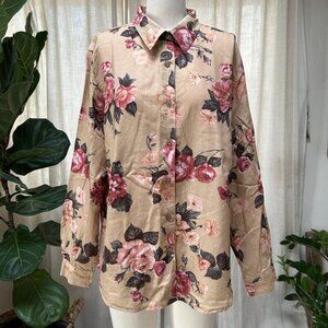 Romantic Floral Cotton Button-Up Shirt | Cottagecore Rose Print | Women’s L